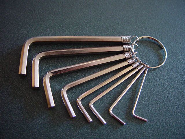 A keyring holding eight allen keys.